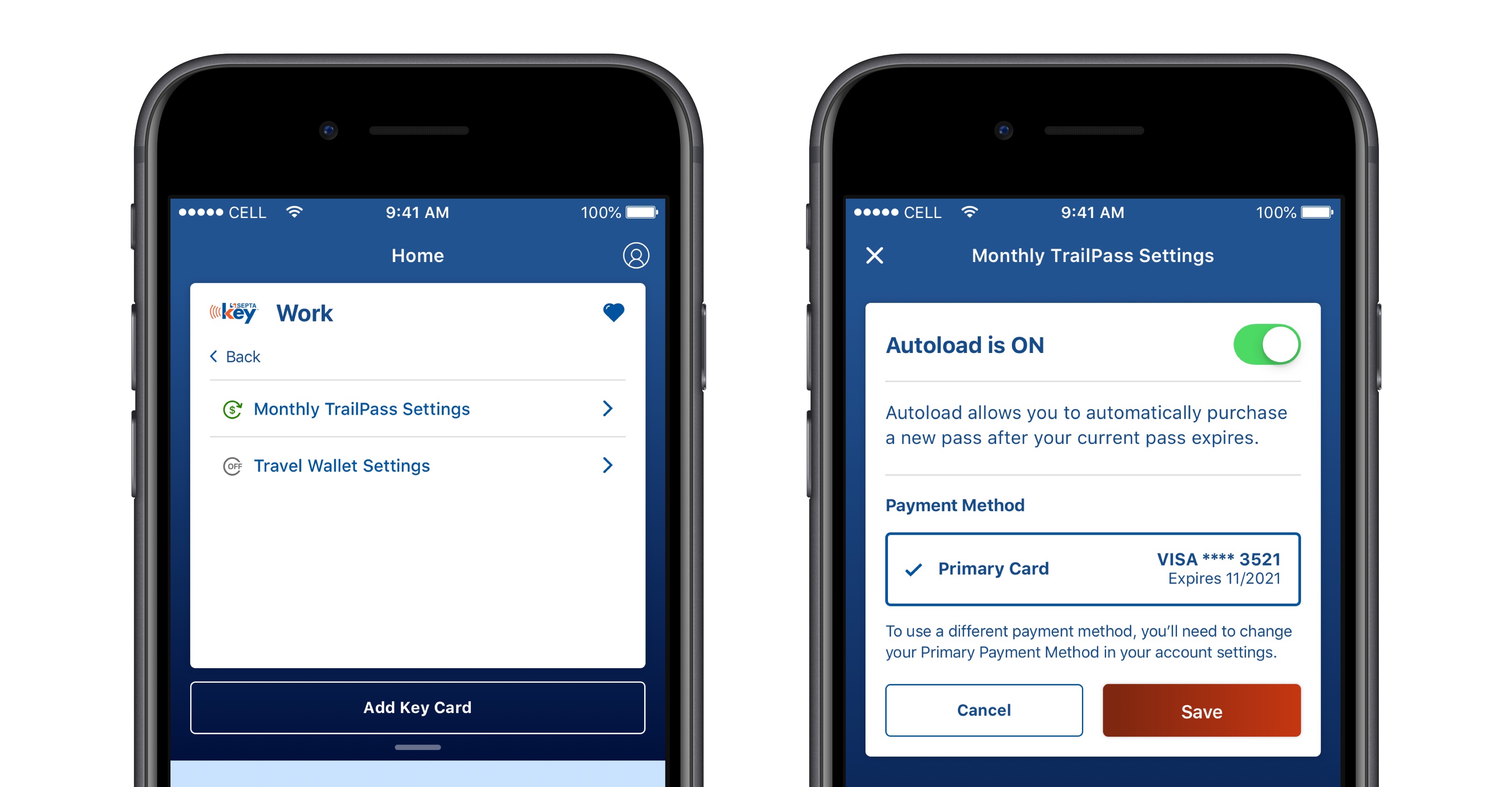 phone mockups of the two Autoload configuration screens, where a user can toggle autoload on or off