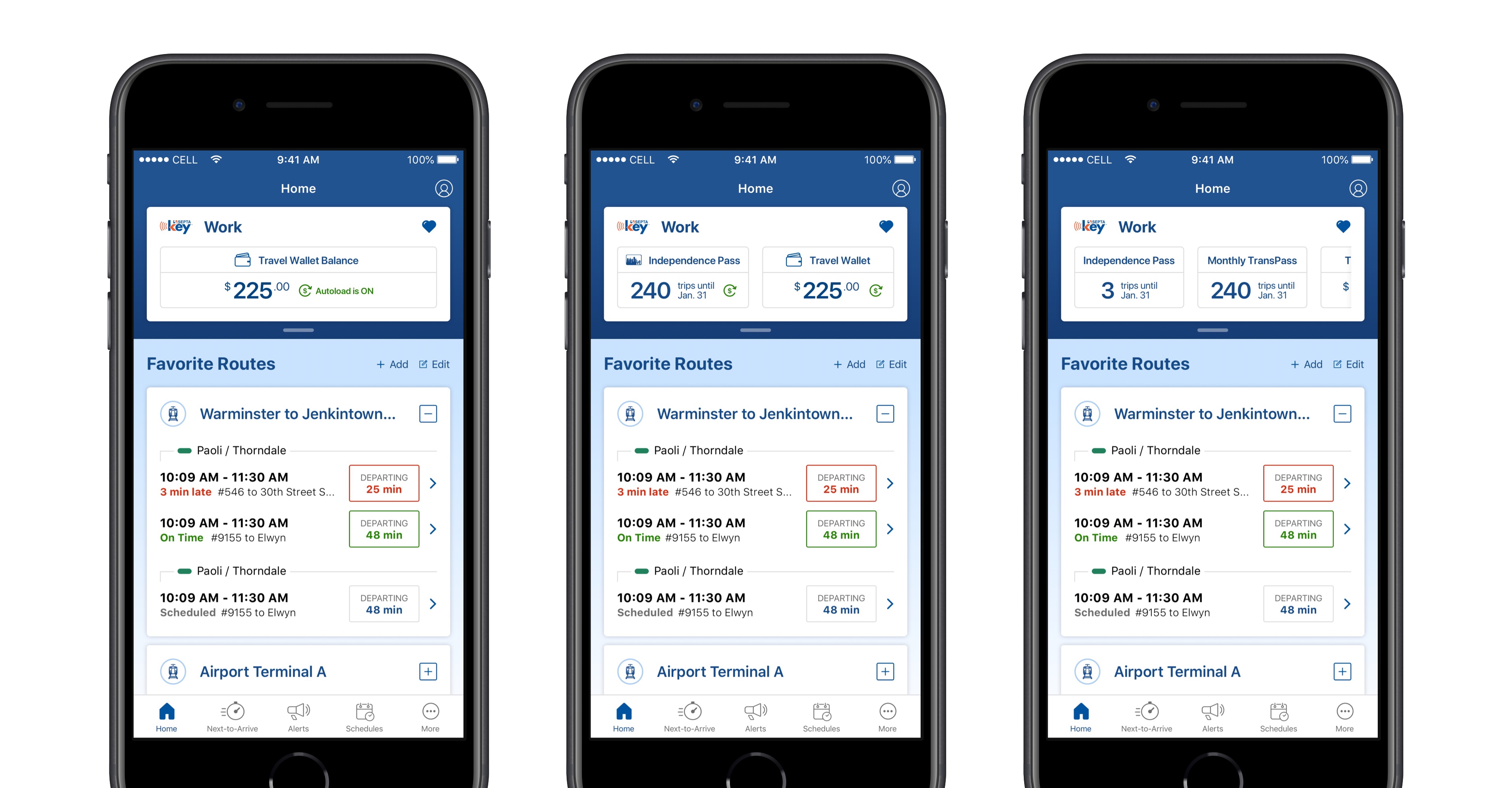 phone mockups of the Key tile with one, two and three active fare products displayed