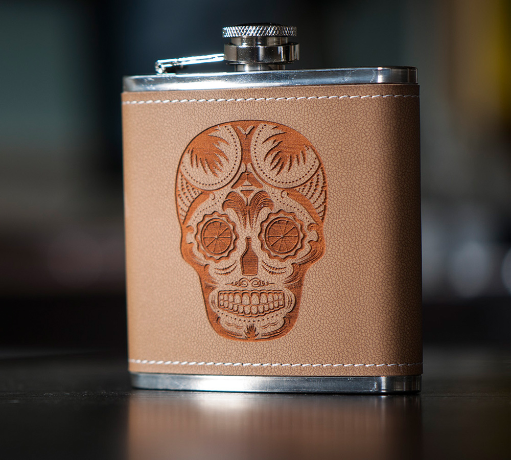 laser-engraved sugar skull flask