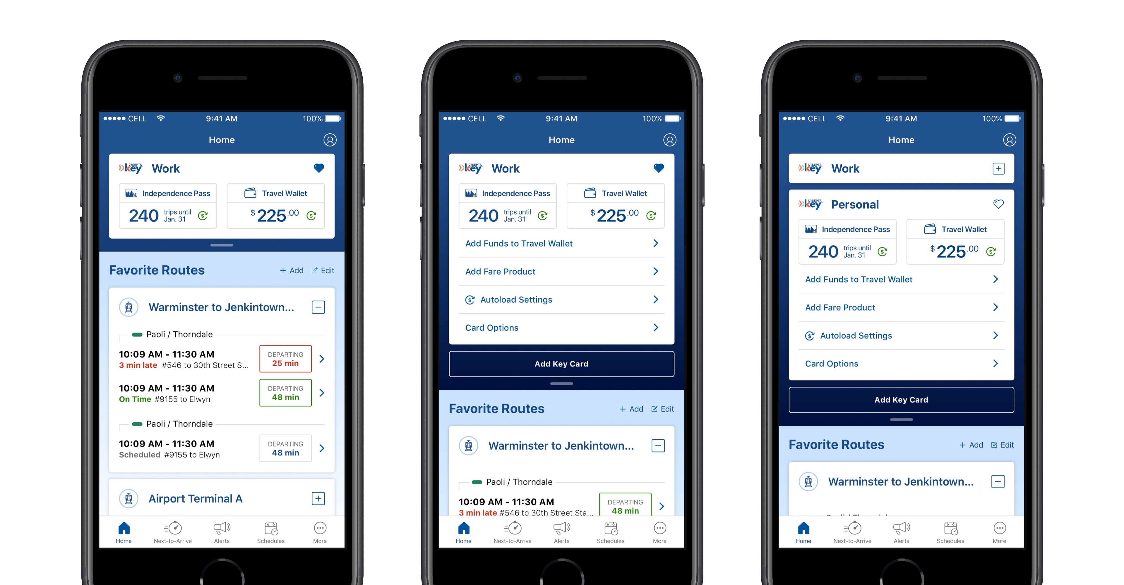 phone mockups of the varying states of the key tile default state, expanded state, and multiple keys